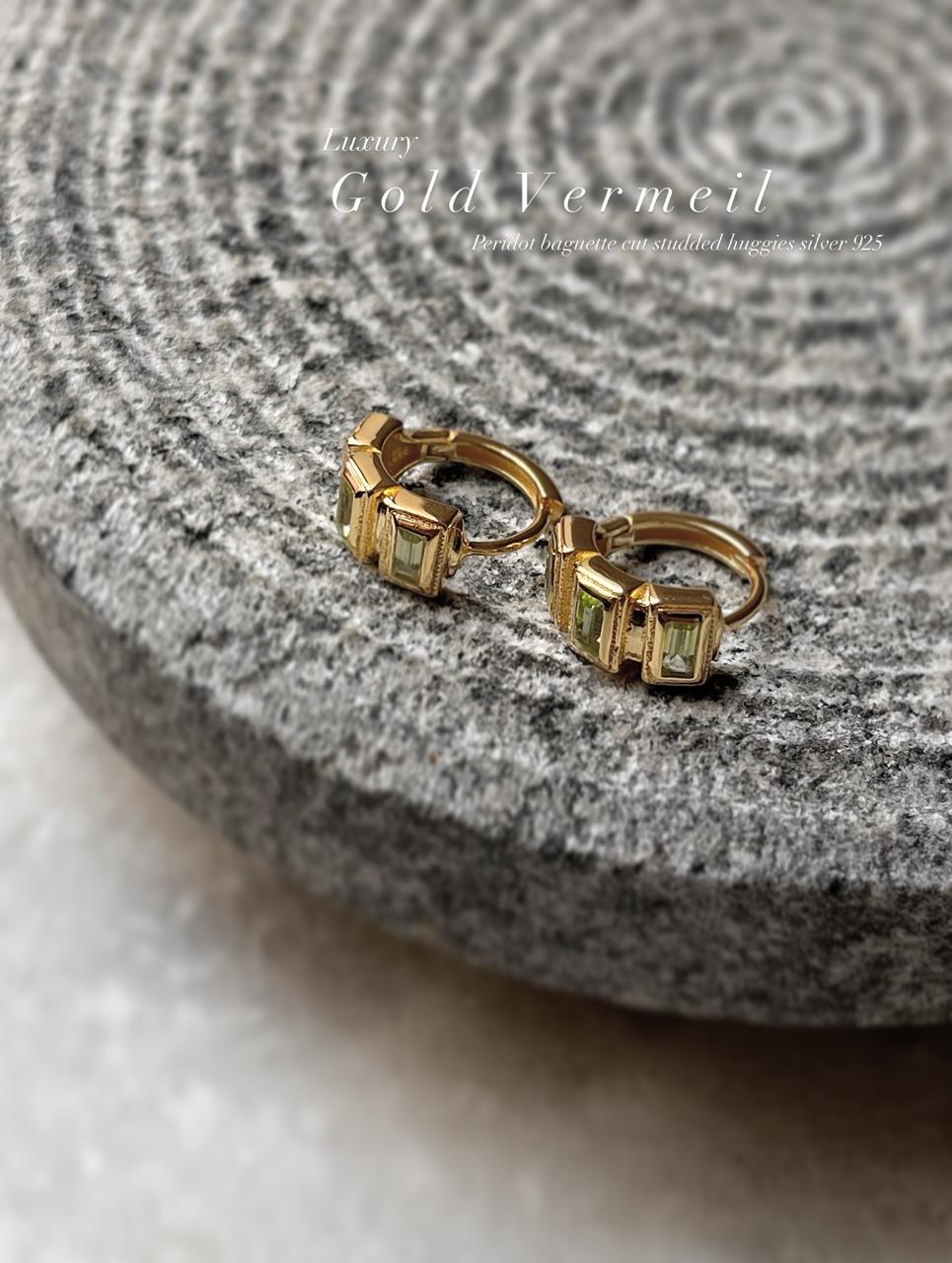Gold Vermeil Peridot Huggies 925 Sterling Silver Earrings