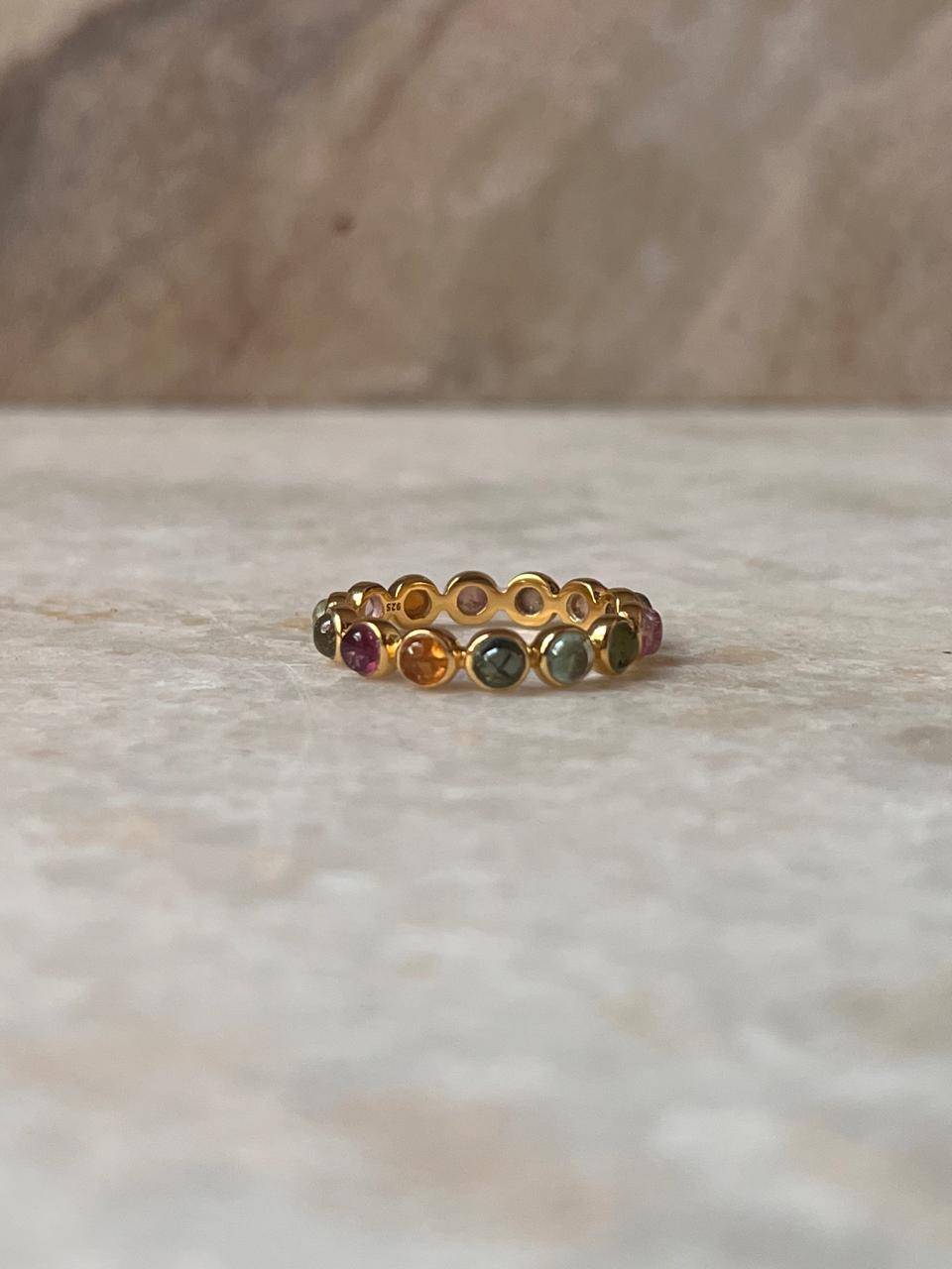 Gold Vermeil Multi Tourmaline Round Band 925 Sterling Silver Ring