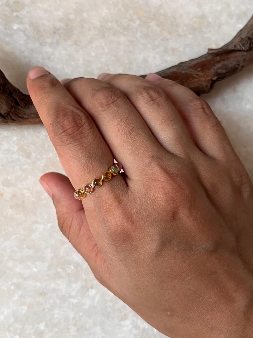 Gold Vermeil Multi Tourmaline Round Band 925 Sterling Silver Ring
