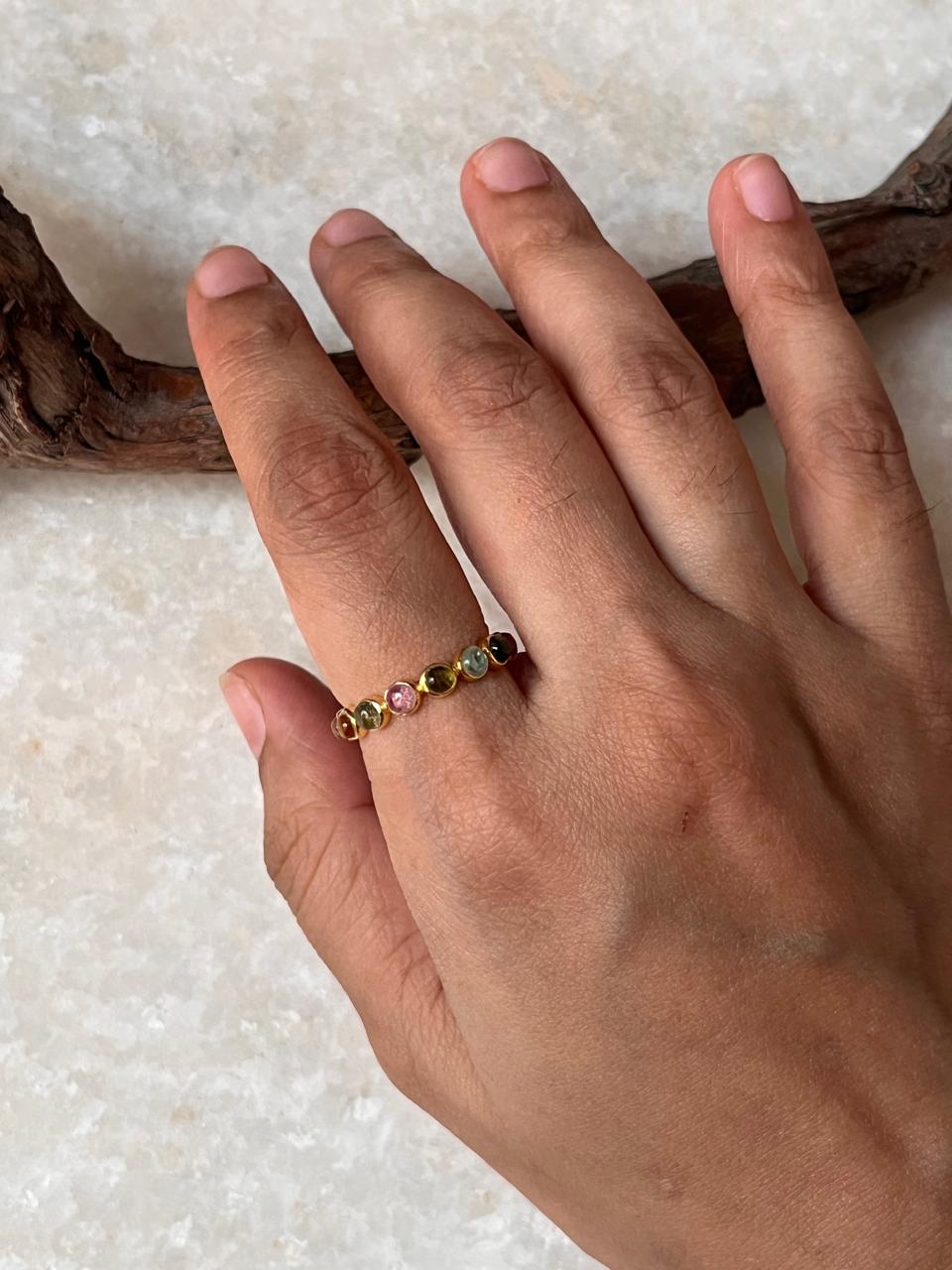 Gold Vermeil Multi Tourmaline Round Band 925 Sterling Silver Ring