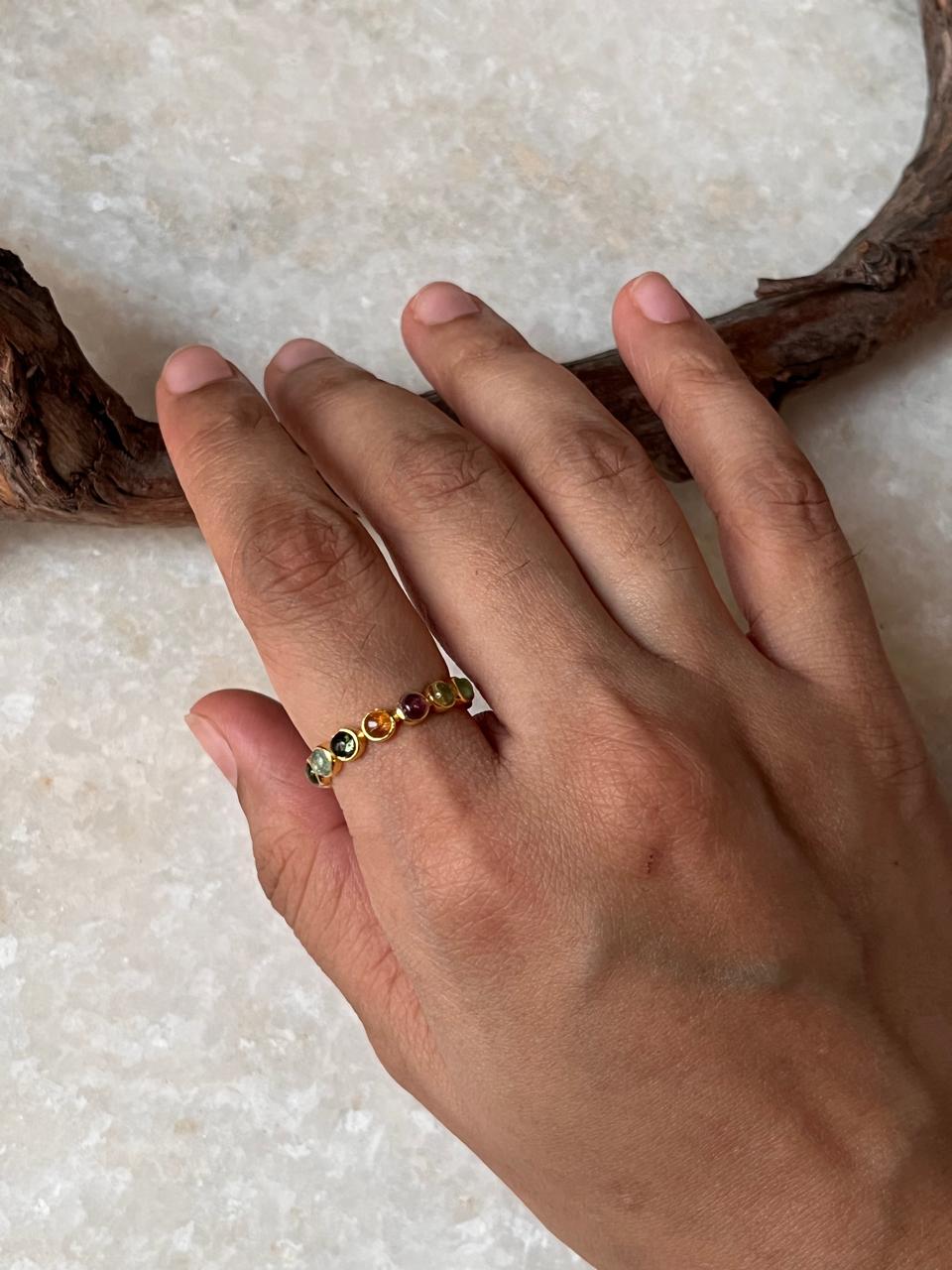 Gold Vermeil Multi Tourmaline Round Band 925 Sterling Silver Ring