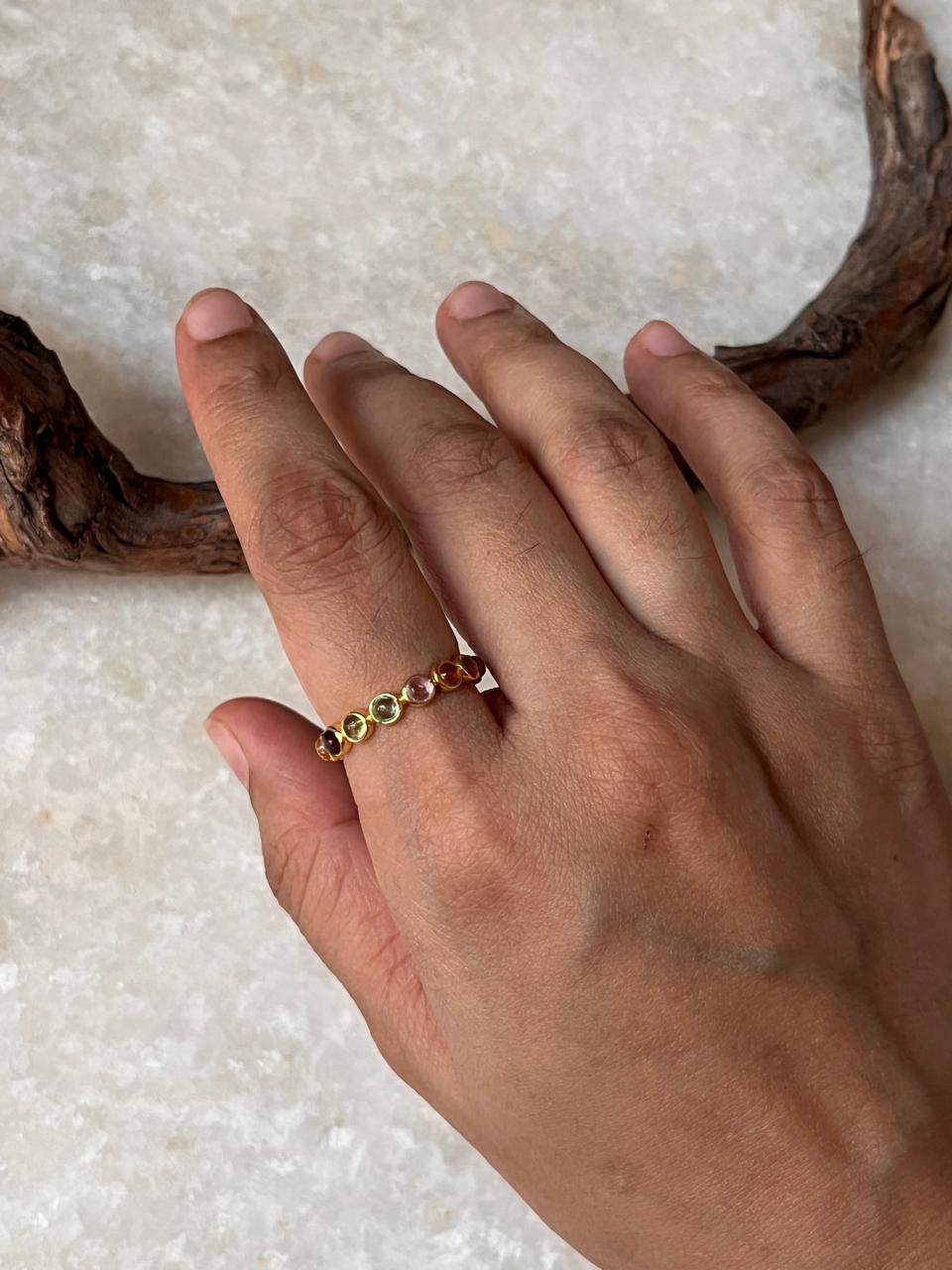 Gold Vermeil Multi Tourmaline Round Band 925 Sterling Silver Ring