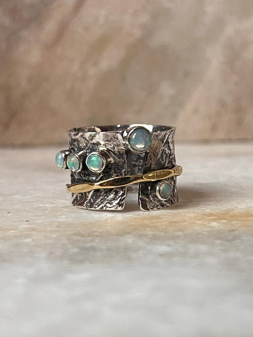 Natural Ethiopian Opal Rustic Wrap Spinner Handcrafted 925 Sterling Silver Ring