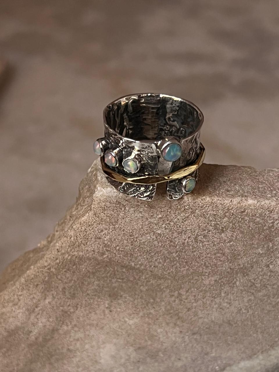 Natural Ethiopian Opal Rustic Wrap Spinner Handcrafted 925 Sterling Silver Ring