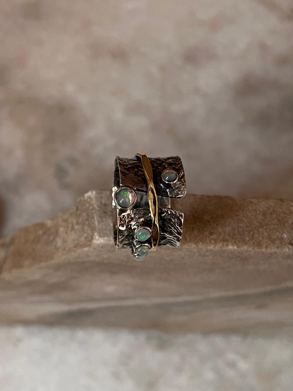 Natural Ethiopian Opal Rustic Wrap Spinner Handcrafted 925 Sterling Silver Ring