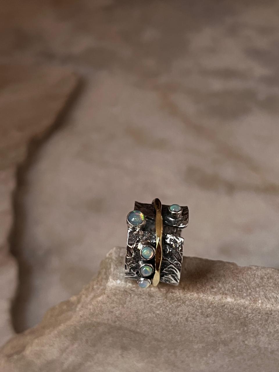 Natural Ethiopian Opal Rustic Wrap Spinner Handcrafted 925 Sterling Silver Ring