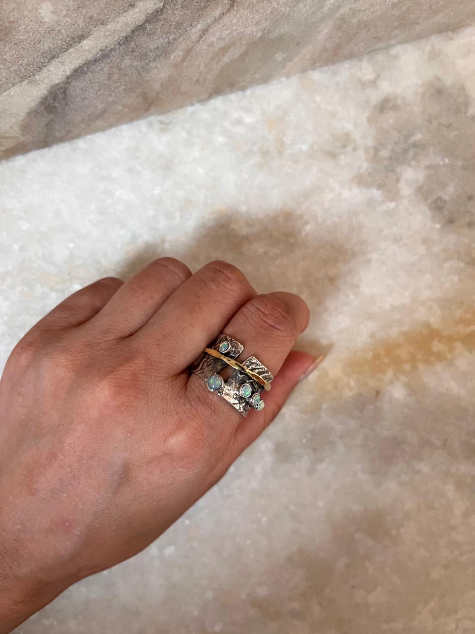 Natural Ethiopian Opal Rustic Wrap Spinner Handcrafted 925 Sterling Silver Ring