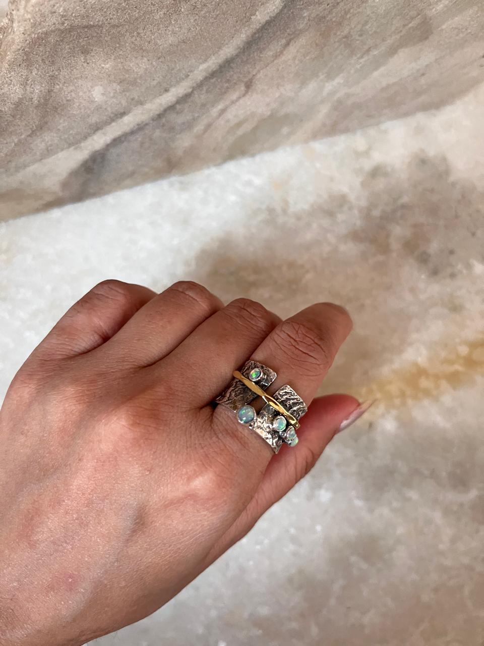 Natural Ethiopian Opal Rustic Wrap Spinner Handcrafted 925 Sterling Silver Ring