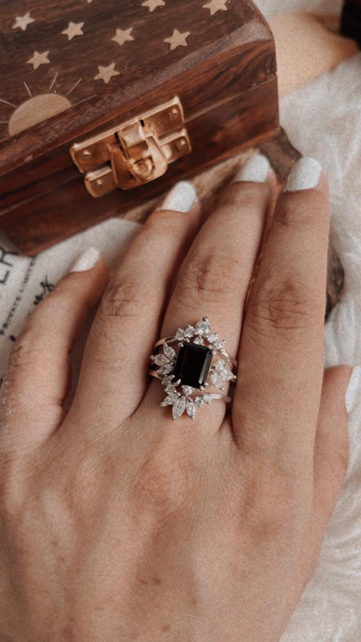 Vintage Black Onyx Stack Set solitare 925 Sterling Silver Ring