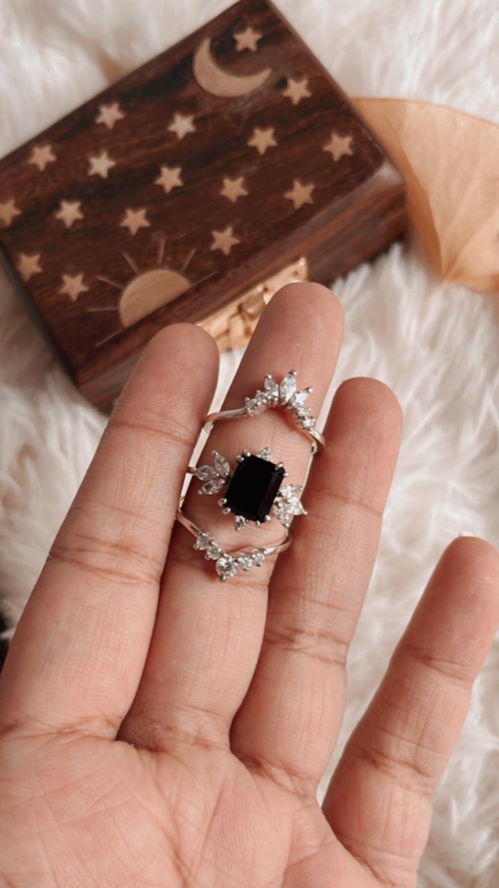 Vintage Black Onyx Stack Set solitare 925 Sterling Silver Ring