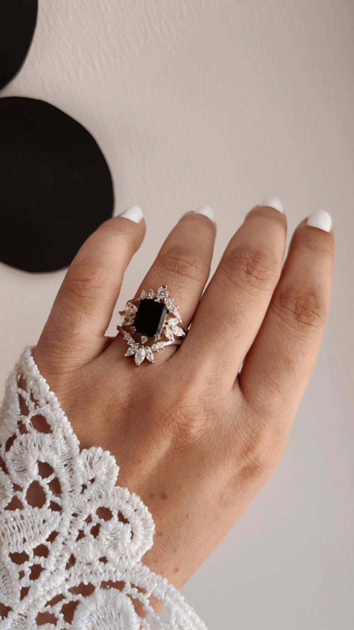 Vintage Black Onyx Stack Set solitare 925 Sterling Silver Ring