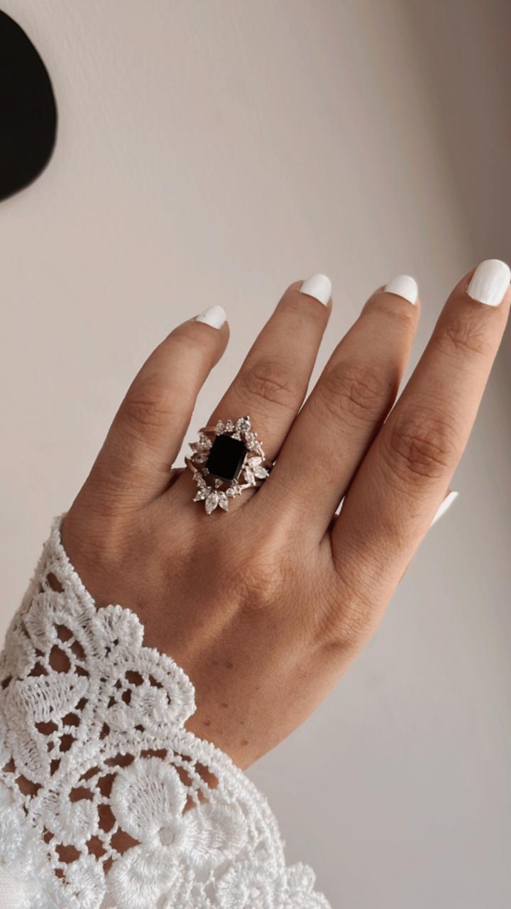 Vintage Black Onyx Stack Set solitare 925 Sterling Silver Ring