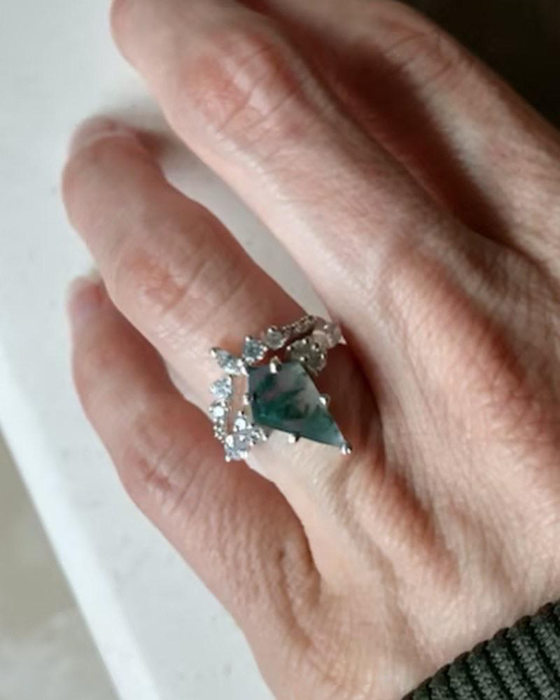 Moss Agate Statement Stack Set 925 Sterling Silver Ring