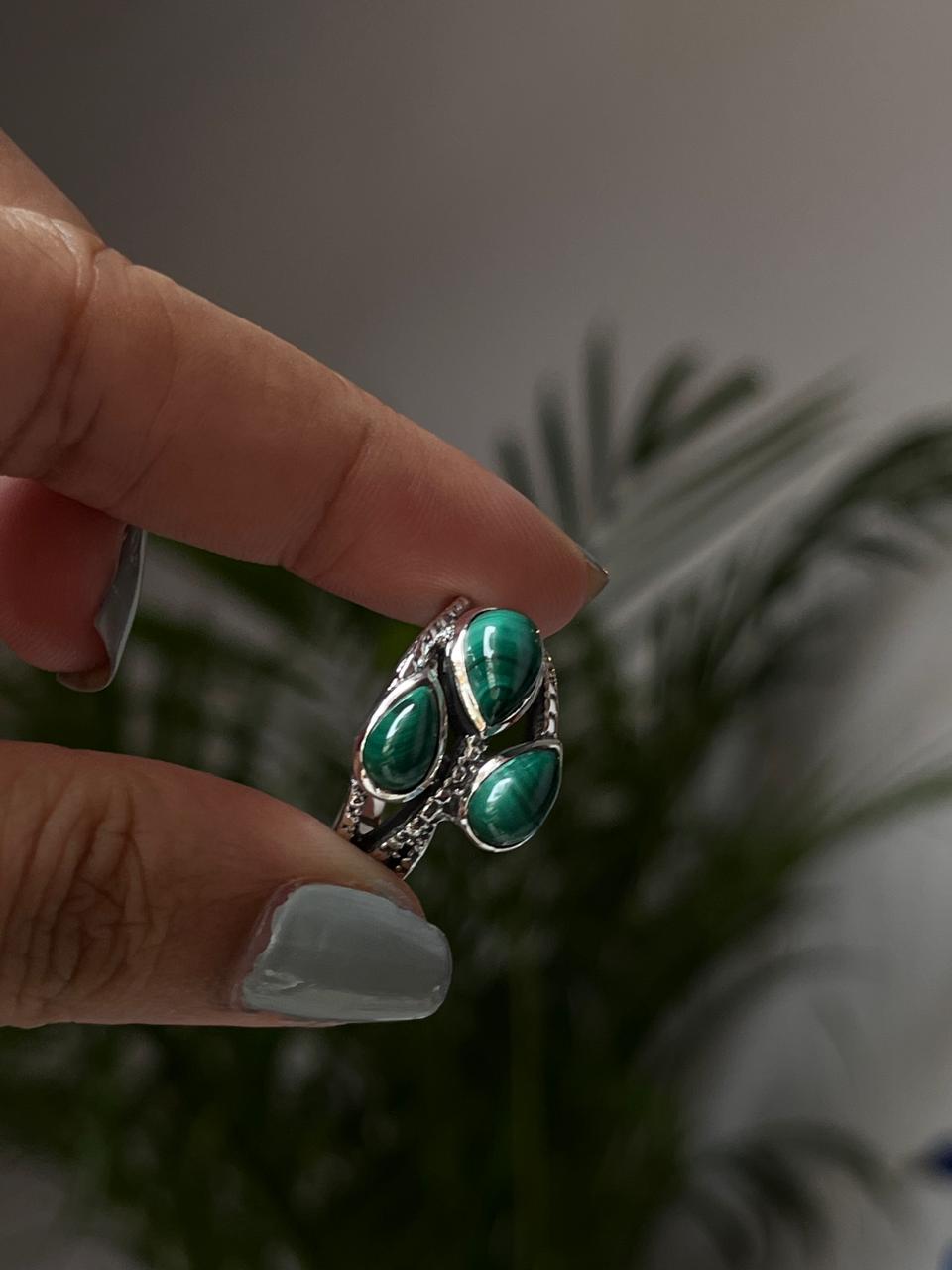 Malachite 3 Stone Statement 925 Sterling Silver Ring