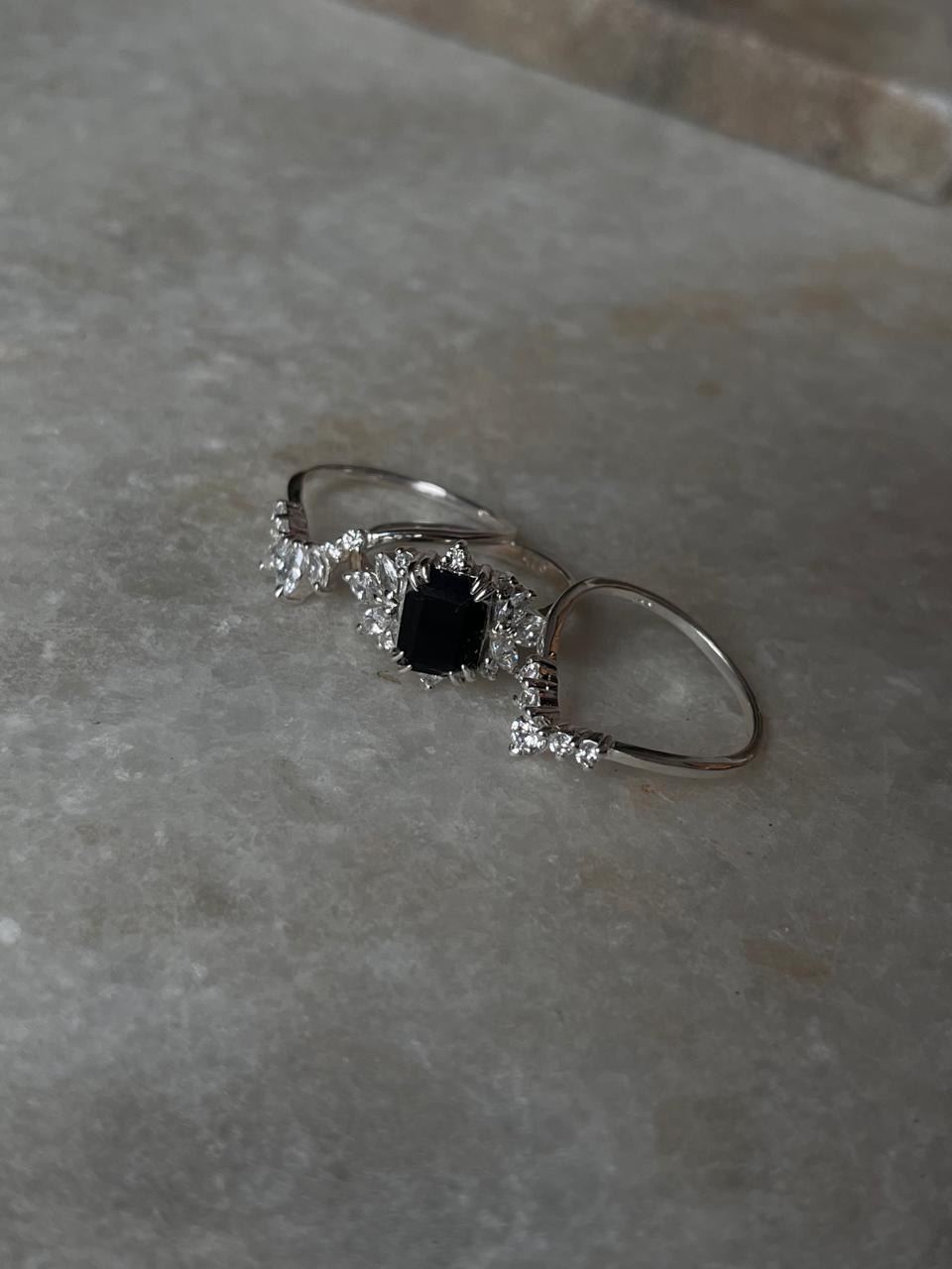 Vintage Black Onyx Stack Set solitare 925 Sterling Silver Ring