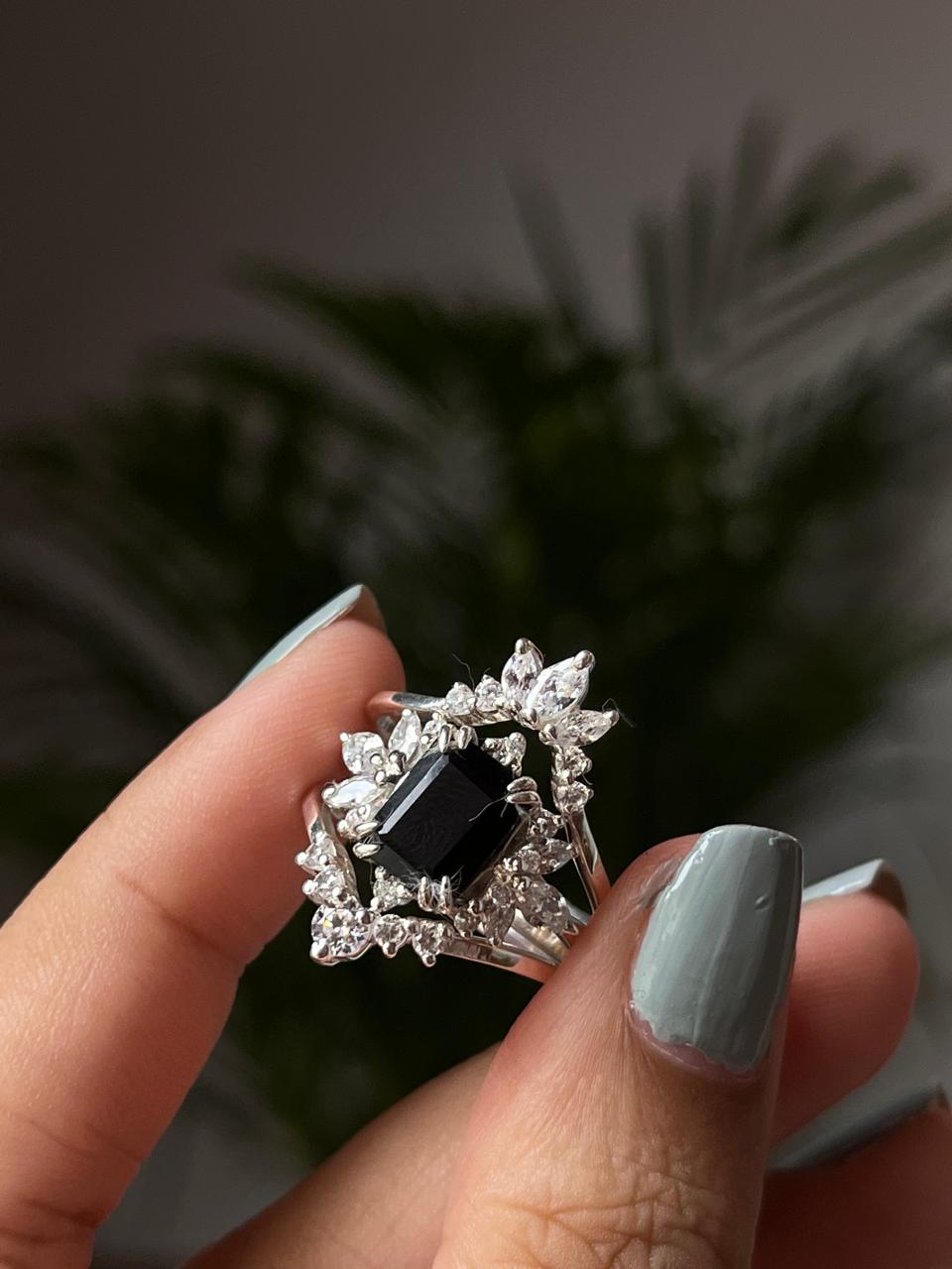Vintage Black Onyx Stack Set solitare 925 Sterling Silver Ring
