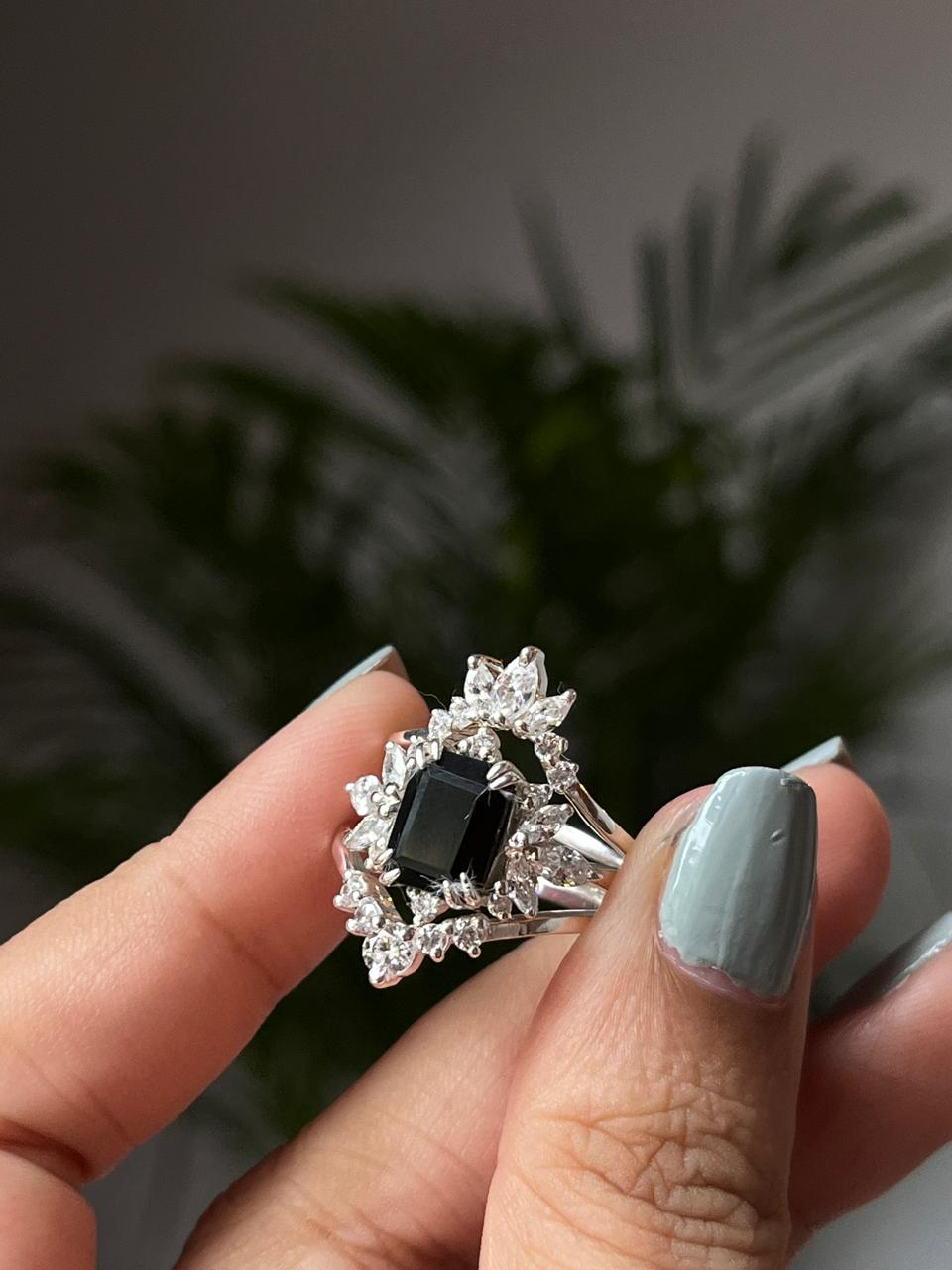 Vintage Black Onyx Stack Set solitare 925 Sterling Silver Ring