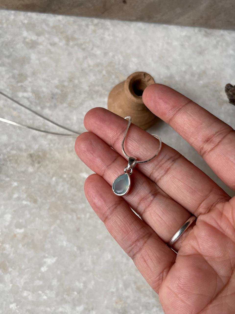 925 Sterling Silver Drop Pendant with Aqua Chalcedony Gemstone