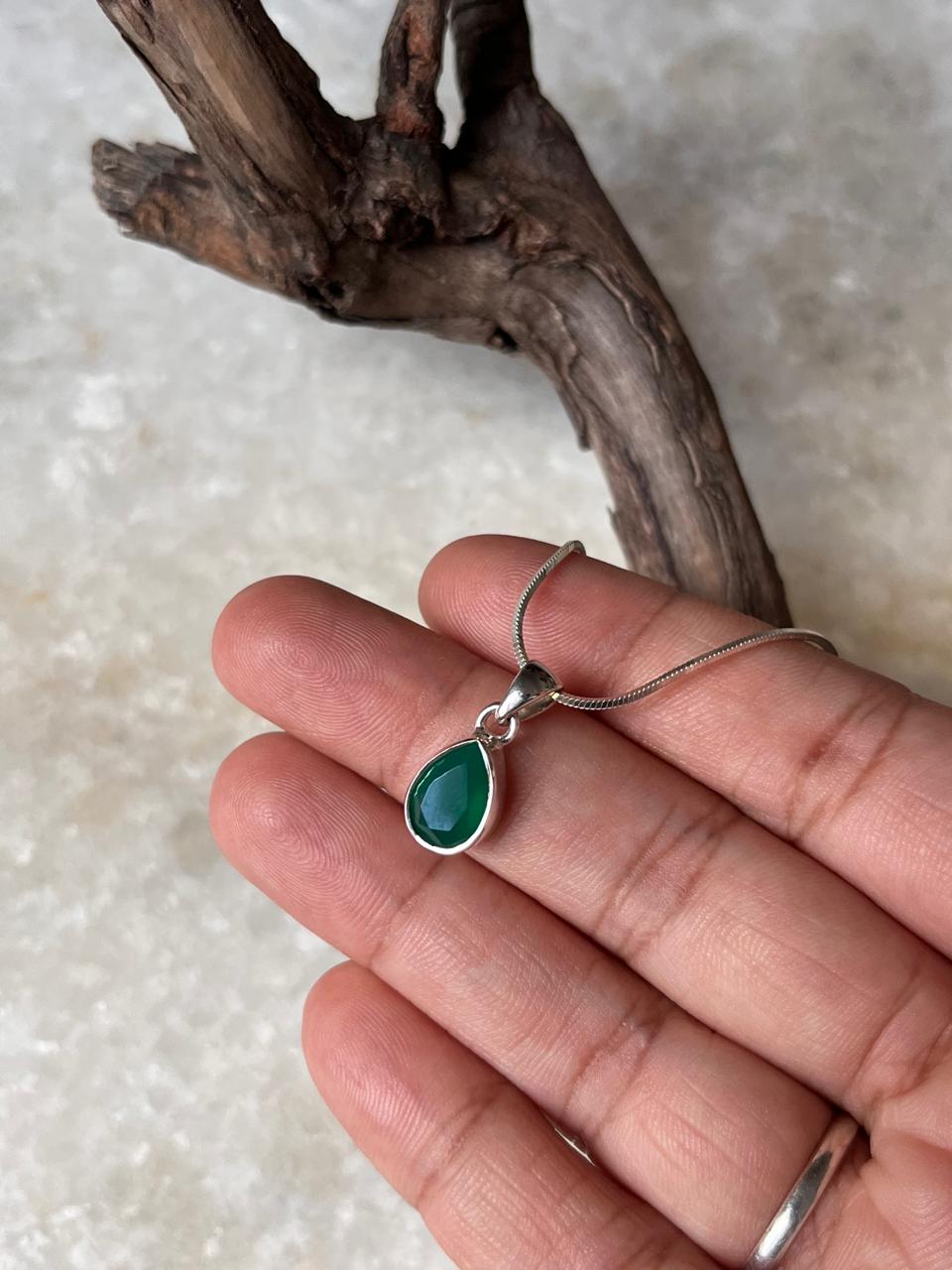 Green Onyx Pear/ Drop Cut 925 Sterling Silver Pendant