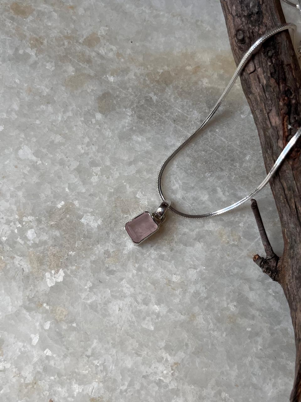 925 Sterling Silver Pendant with Rectangular Rose Quartz