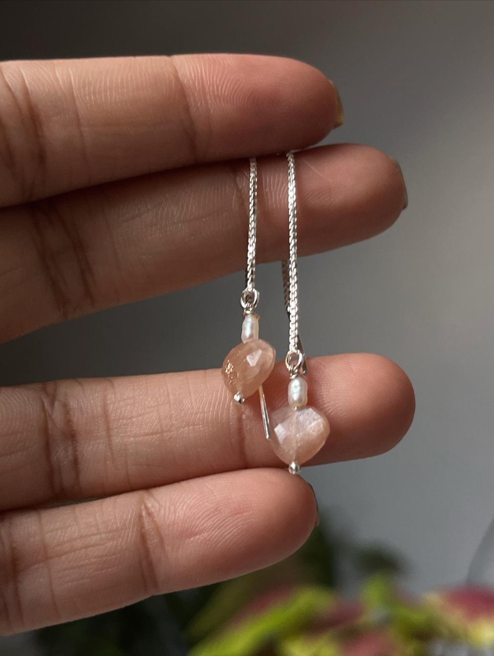 Peach Moonstone Heart Pearl Threader/Sui Dhaga 925 Sterling Silver Earrings