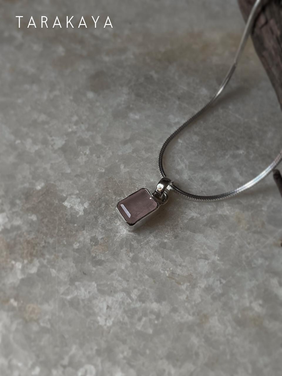 Soft Pink Rose Quartz Pendant in Rectangle Shape Silver Setting
