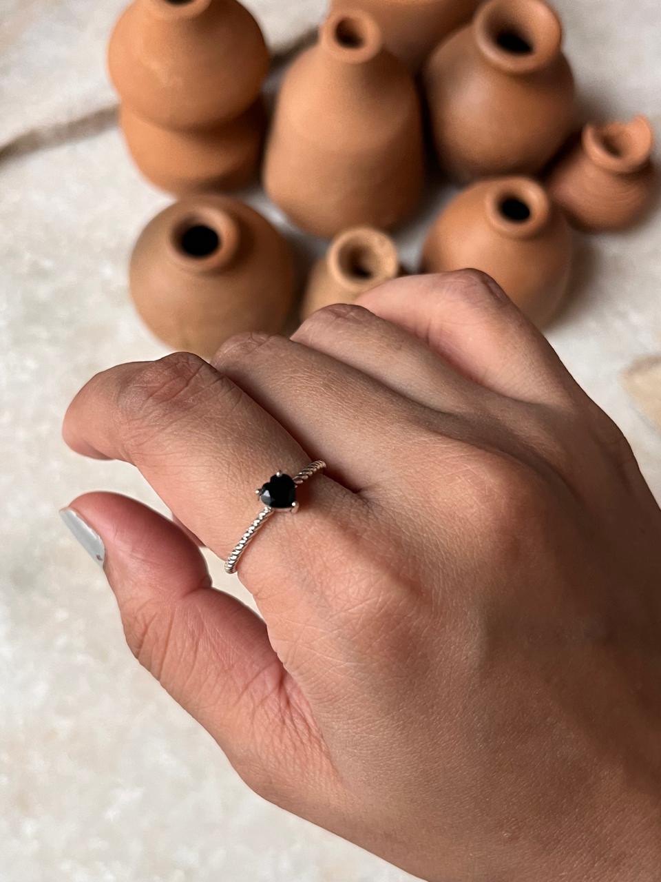 Black Spinel Heart Solitaire 925 Sterling Silver Ring
