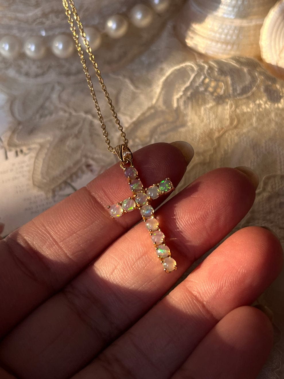 Gold Vermeil Natural Ethiopian Opal Cross 925 Sterling Silver Pendant