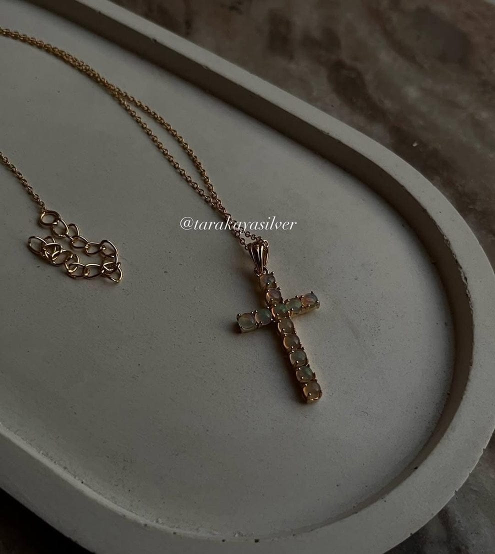 Gold Vermeil Natural Ethiopian Opal Cross 925 Sterling Silver Pendant