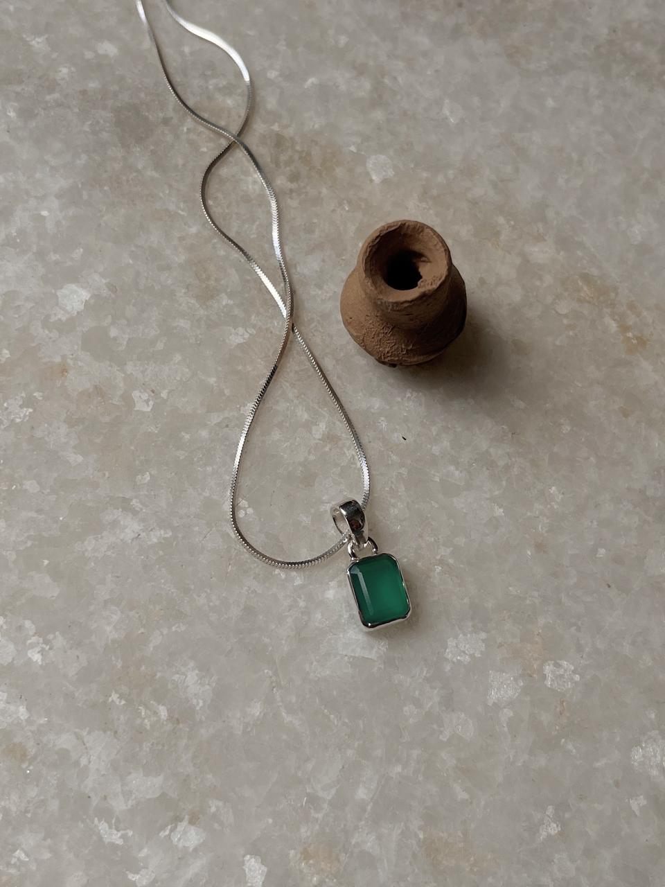 Handcrafted Rectangle Green Onyx Gemstone Pendant in Silver