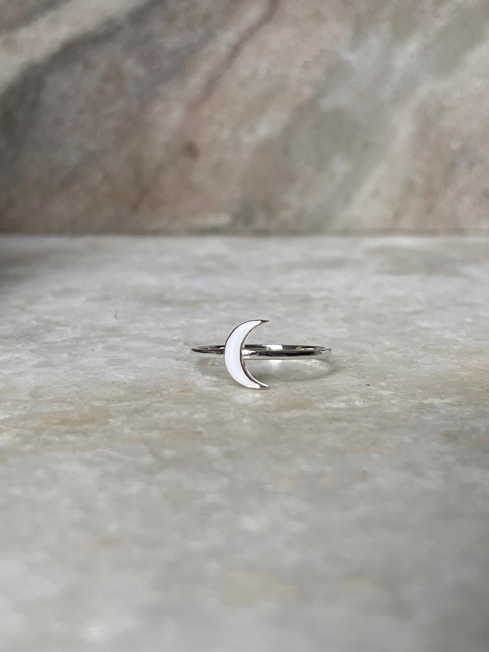 White Enamel Crescent Moon 925 Sterling Silver Ring