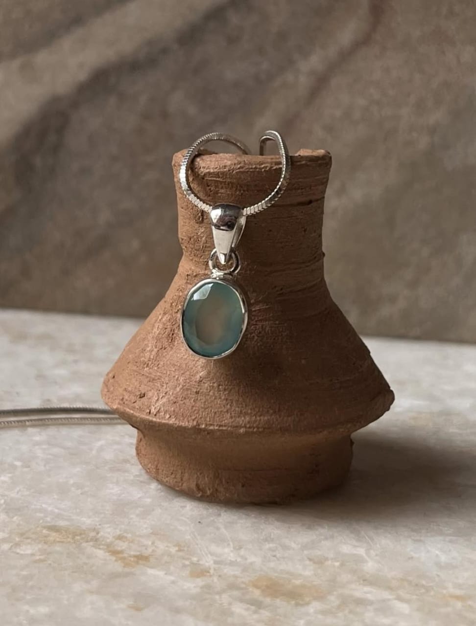 Aqua Chalcedony Oval Cut 925 Sterling Silver Pendant