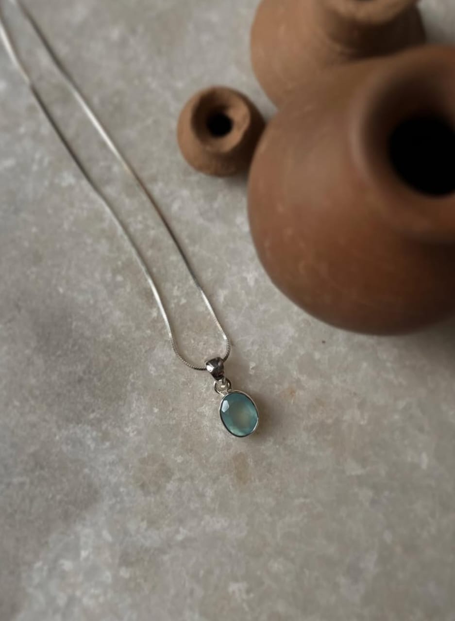 Aqua Chalcedony Oval Cut 925 Sterling Silver Pendant
