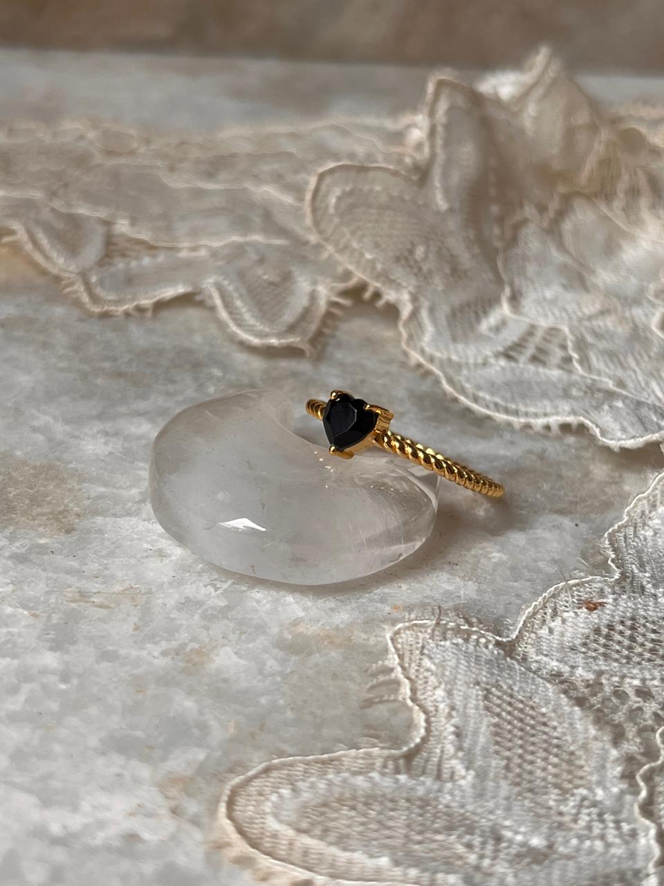 Romantic Heart Black Spinel Ring in Gold Vermeil Sterling Silver