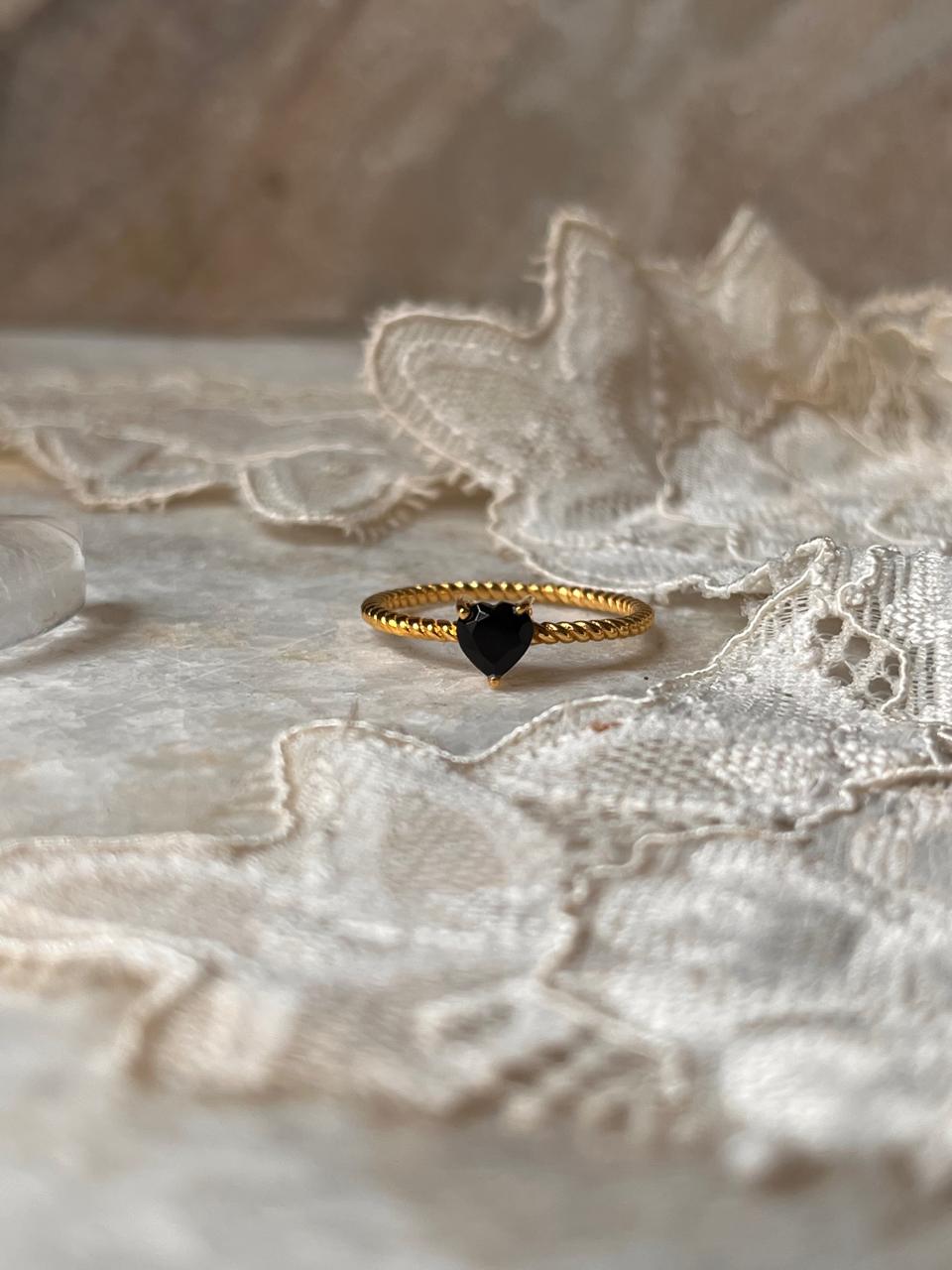 Gold Vermeil Black Spinel Heart Solitaire Ring in 925 Sterling Silver