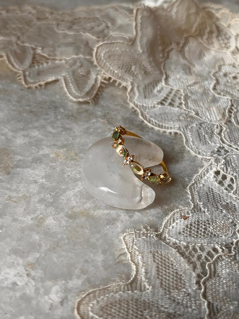 Gold Vermeil Natural Ethiopian Opal & White Topaz Eternity Band 925 Sterling Silver Ring