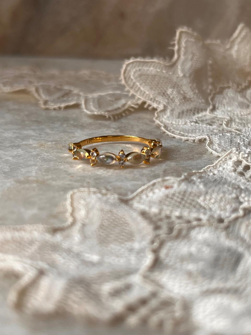 Gold Vermeil Natural Ethiopian Opal & White Topaz Eternity Band 925 Sterling Silver Ring