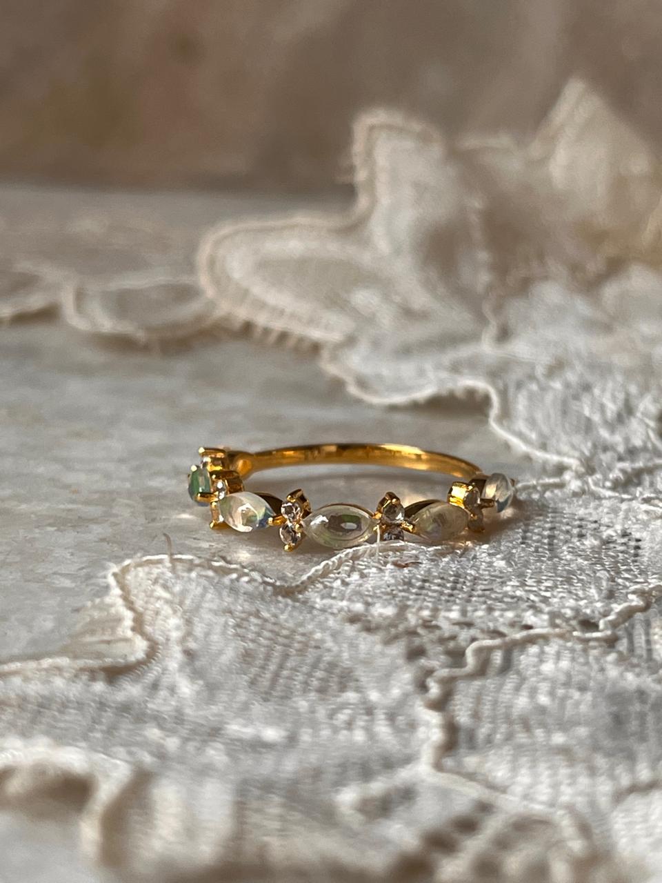 Gold Vermeil Natural Ethiopian Opal & White Topaz Eternity Band 925 Sterling Silver Ring