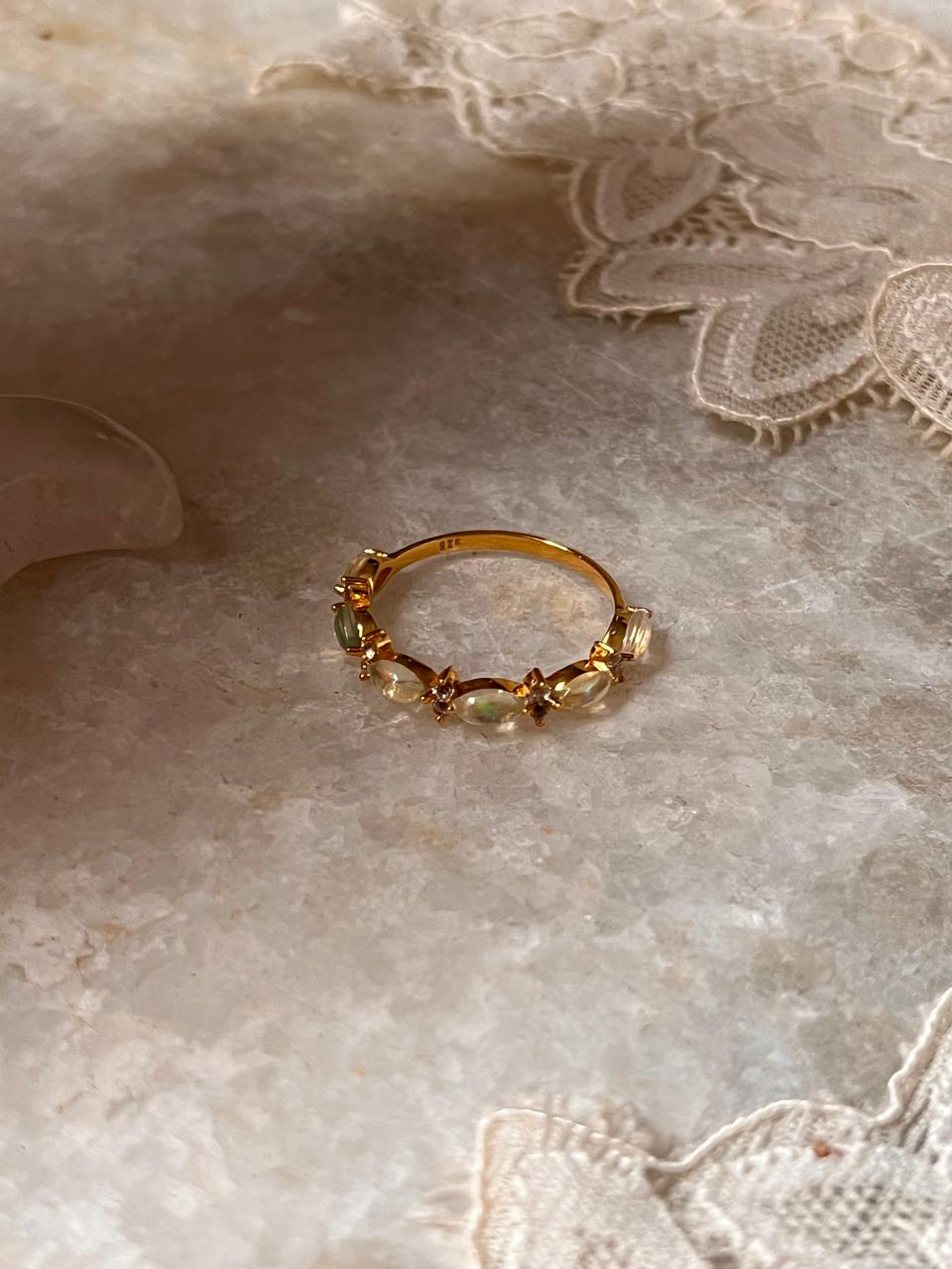Gold Vermeil Natural Ethiopian Opal & White Topaz Eternity Band 925 Sterling Silver Ring