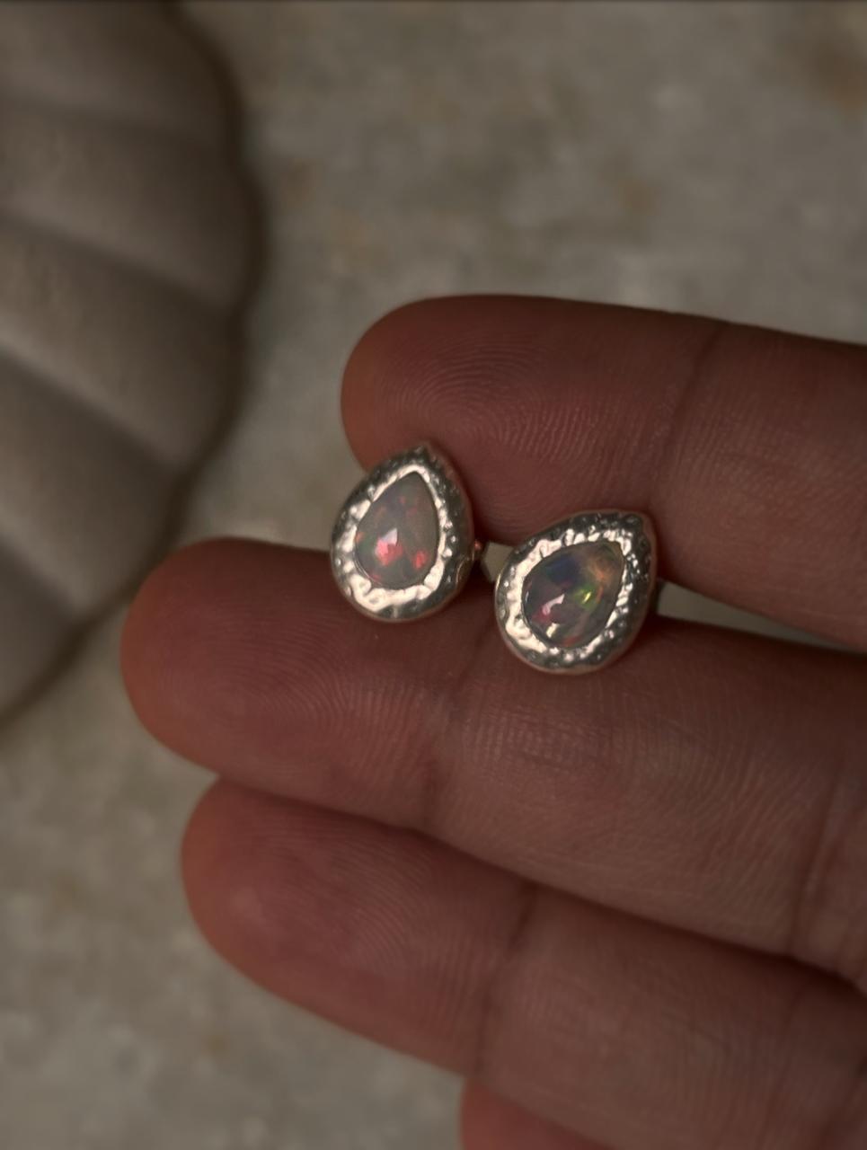 Handcrafted Sterling Silver Studs with Ethiopian Opal Pear Gems