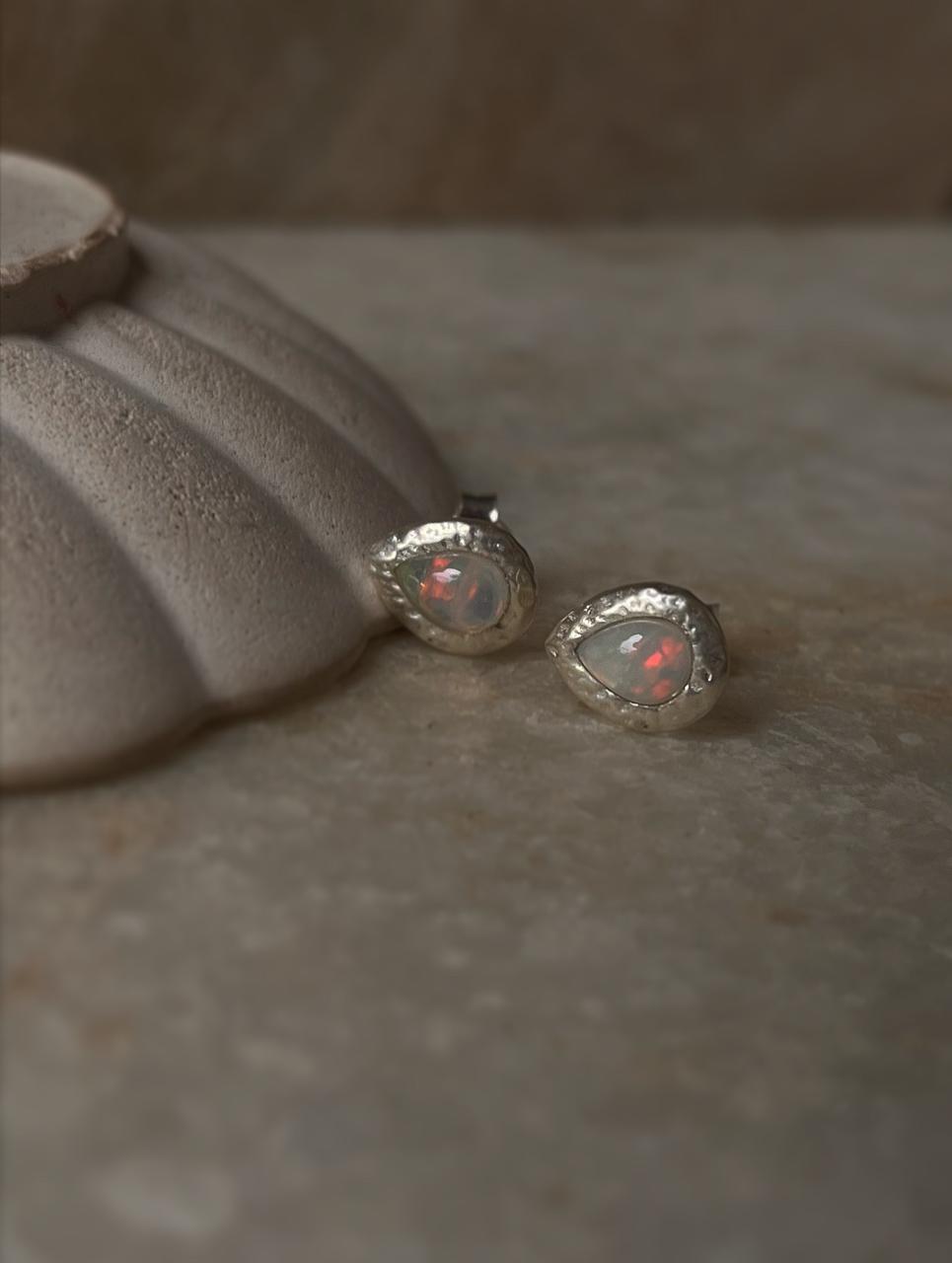 Ethiopian Opal Stud Earrings – Pear Cut in Textured Sterling Silver