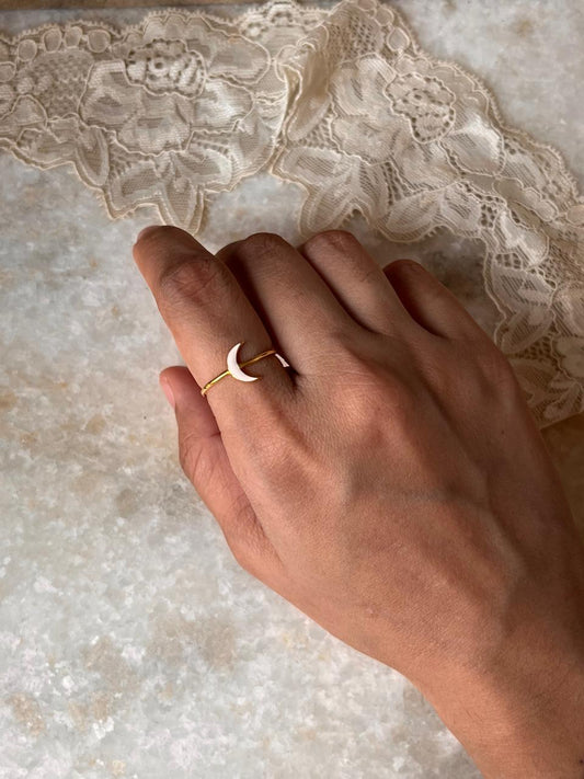 Minimalist White Enamel Moon Ring in Gold Vermeil Finish