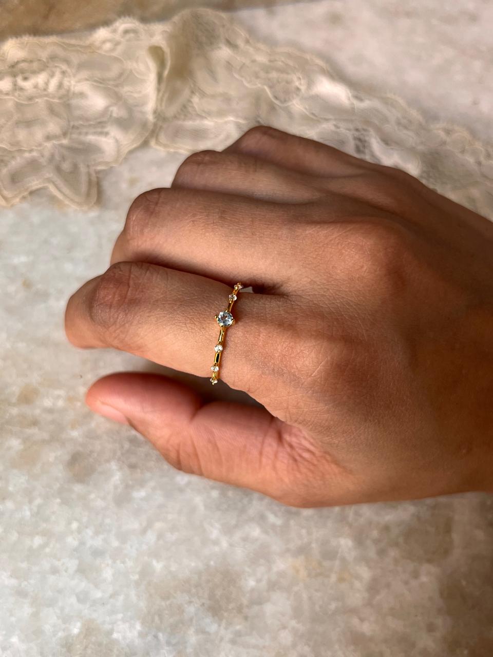 Gold Vermeil Blue Topaz & White Topaz Dainty Band 925 Sterling Silver Ring