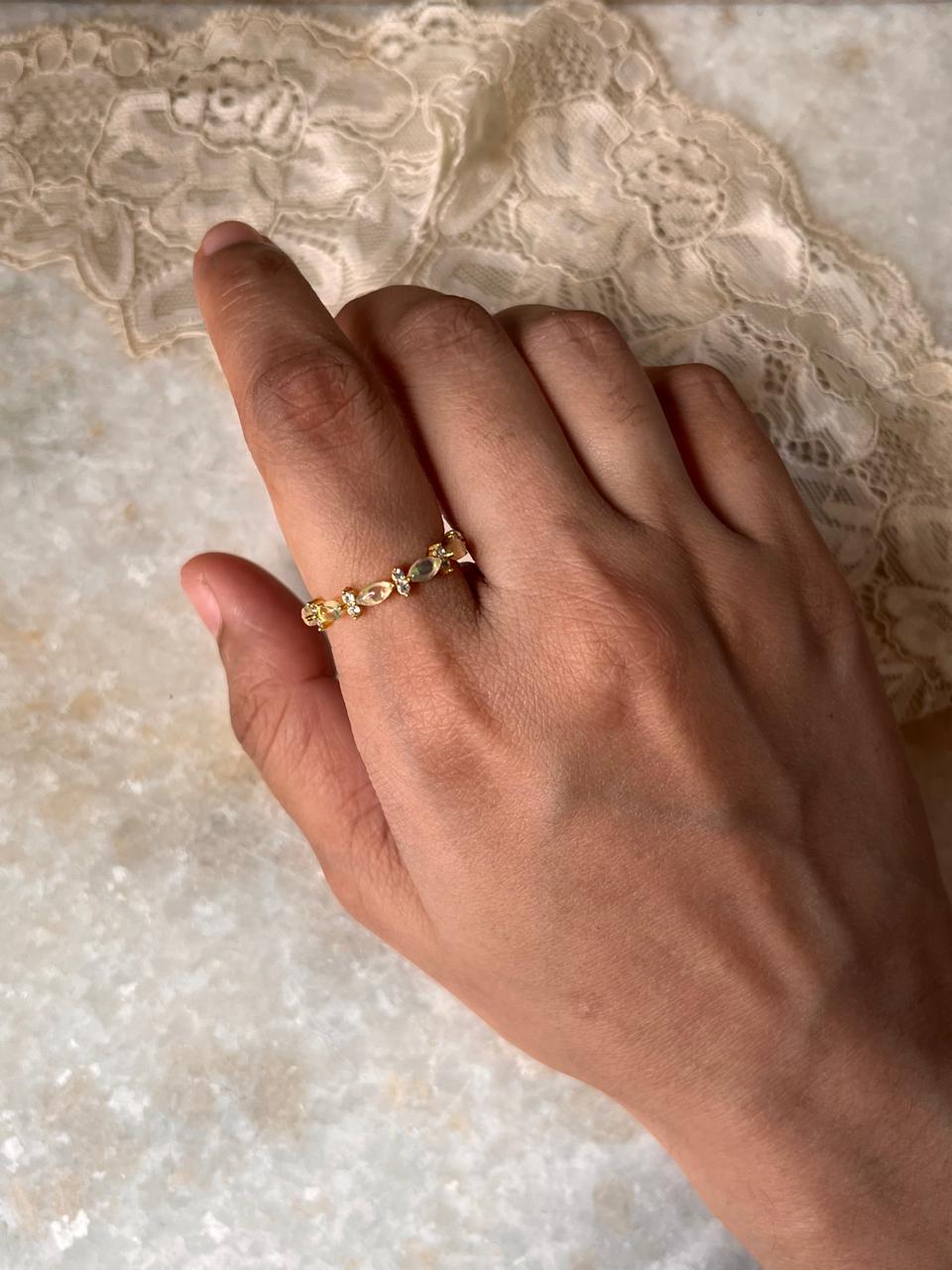 Gold Vermeil Natural Ethiopian Opal & White Topaz Eternity Band 925 Sterling Silver Ring