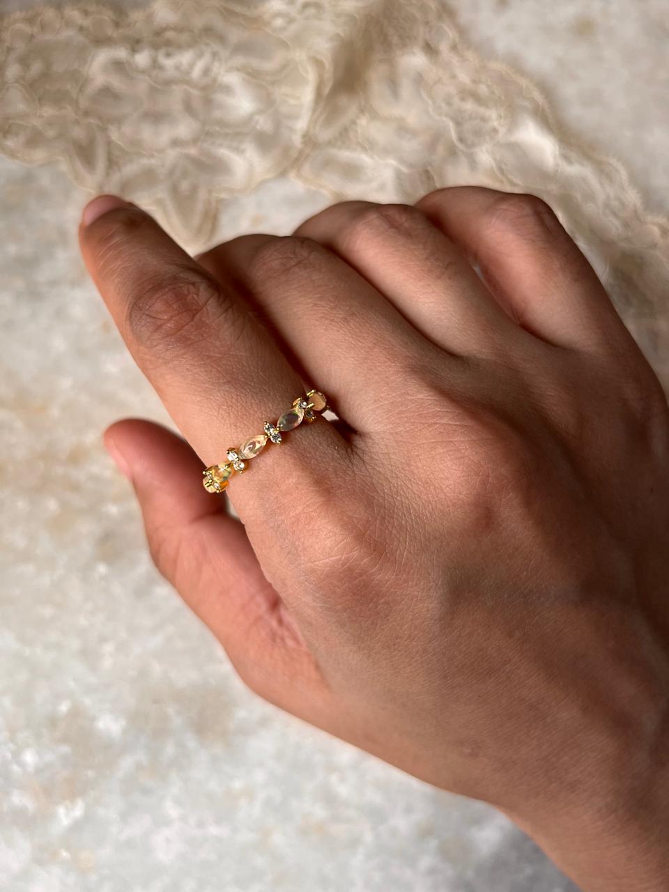 Gold Vermeil Natural Ethiopian Opal & White Topaz Eternity Band 925 Sterling Silver Ring
