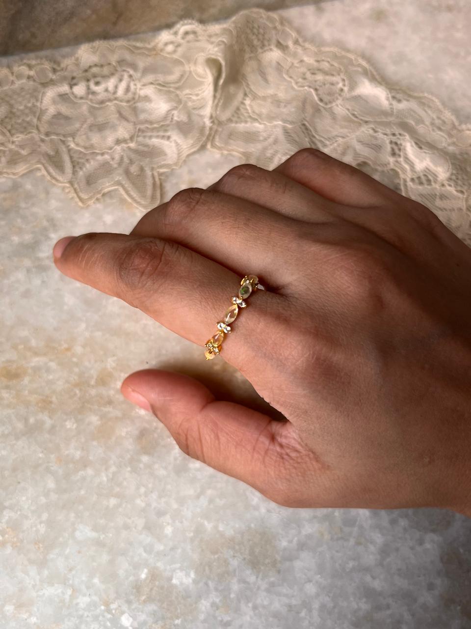 Gold Vermeil Natural Ethiopian Opal & White Topaz Eternity Band 925 Sterling Silver Ring