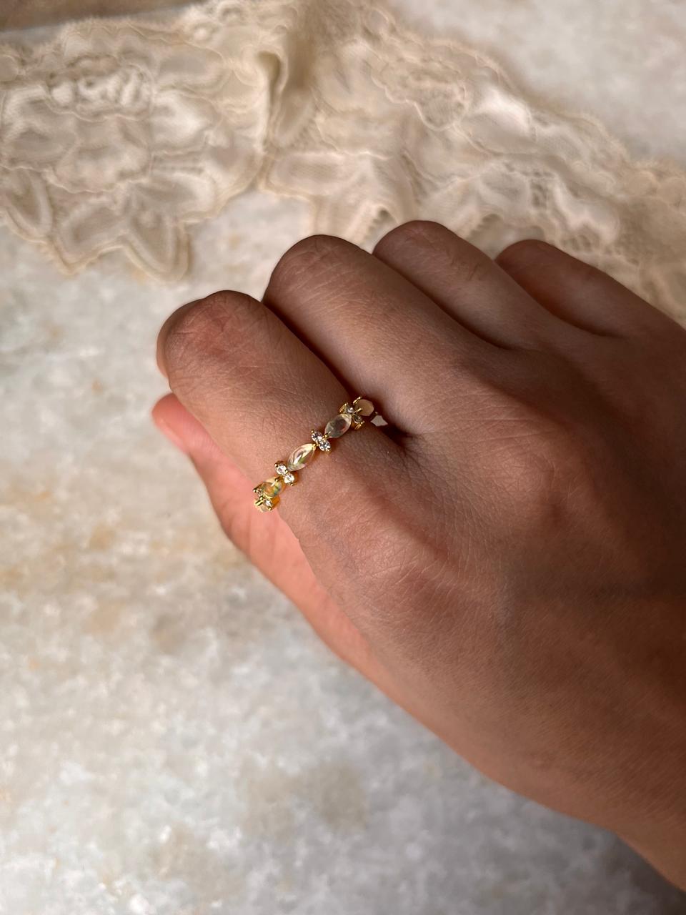 Gold Vermeil Natural Ethiopian Opal & White Topaz Eternity Band 925 Sterling Silver Ring