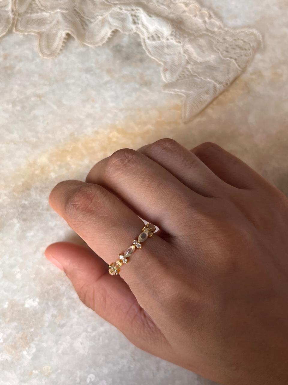 Gold Vermeil Natural Ethiopian Opal & White Topaz Eternity Band 925 Sterling Silver Ring
