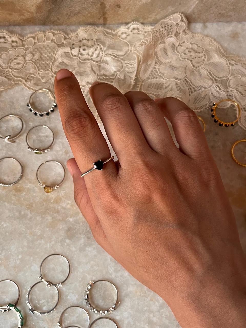 Black Spinel Heart Solitaire 925 Sterling Silver Ring