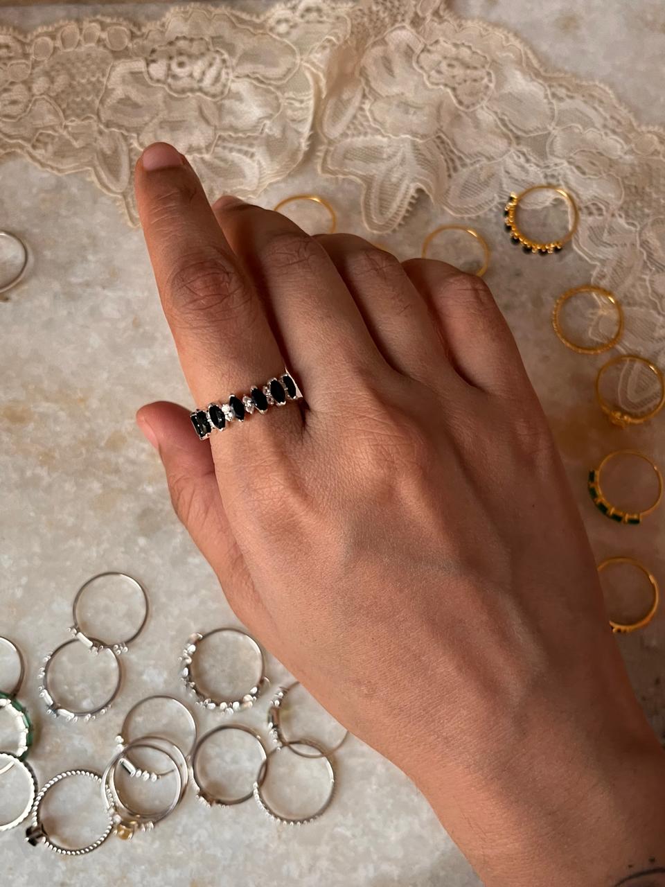 Elysian Stack Black Spinel & White Topaz 925 Sterling Silver Ring